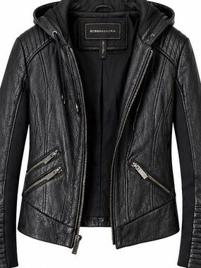 BGMAXAZRIA Black Genuine Leather Hooded Moto Puffer Jacket S